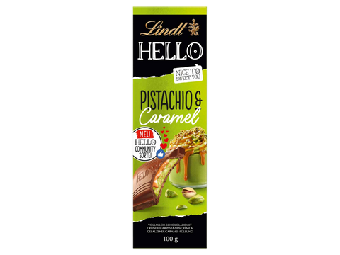 Lindt Hello Pistachio & Caramel Milk Chocolate Bar | 100g | Limited Edition