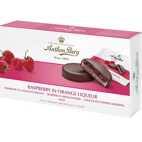 Anthon Berg Raspberry Orange Liqueur Chocolate Marzipan 220g BB Sept 24