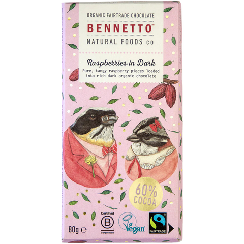 Bennetto | Raspberries In Dark Chocolate Bar | 80g | Vegan